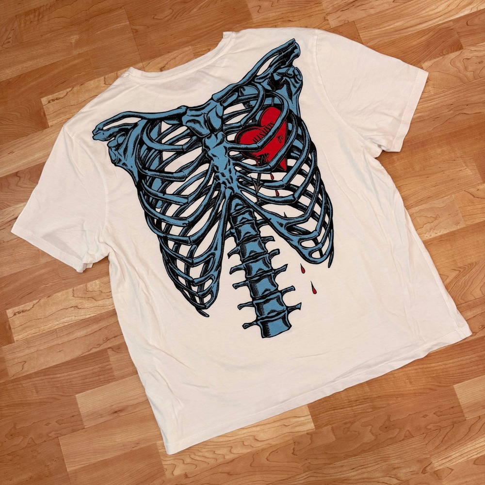 AllSaints Mens XL Skeleton Rib Cage Heart Graphic T-Shirt Off White Cream XL